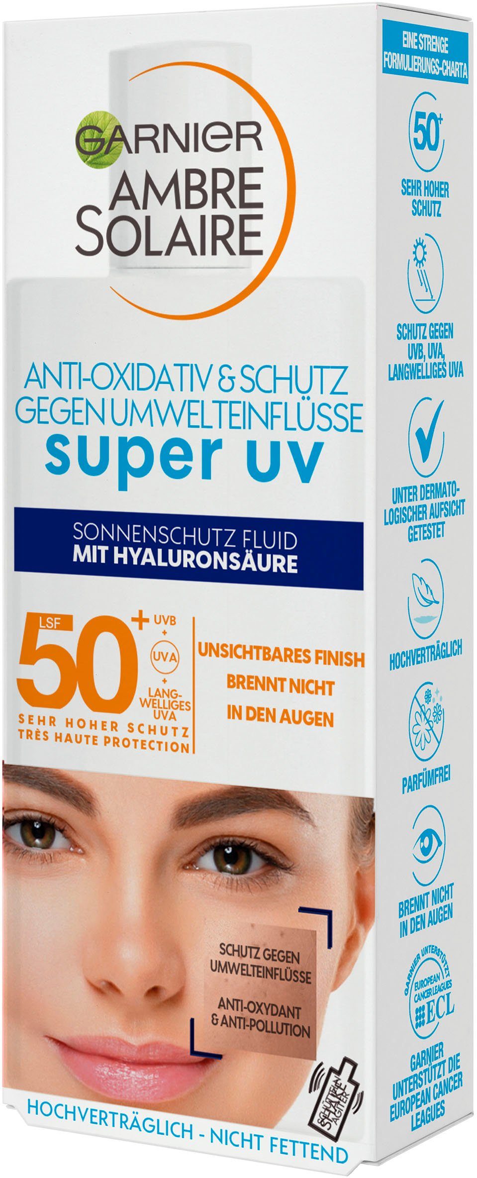 Sensitive GARNIER LSF 50 Sonnenschutzfluid Hyaluronsäure mit expert+, Ambre Solaire