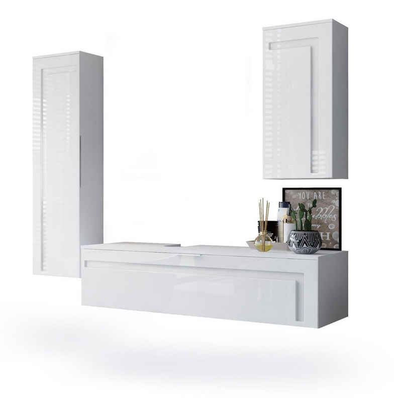Vladon Badmöbel-Set Aloha, (Badezimmer-Set, 3-St., mit 2 Hochschränken und 1 Unterschrank), Weiß matt/Weiß glänzend, Absetzungen in Weiß glänzend (210x51x185 cm)