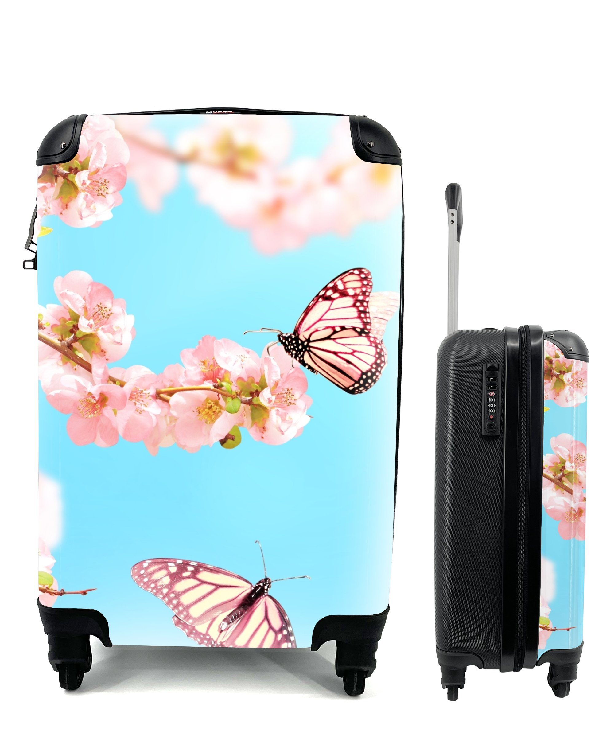 MuchoWow Handgepäckkoffer Schmetterlinge - Baum - Blumen, 4 Rollen, Reisetasche mit rollen, Handgepäck für Ferien, Trolley, Reisekoffer