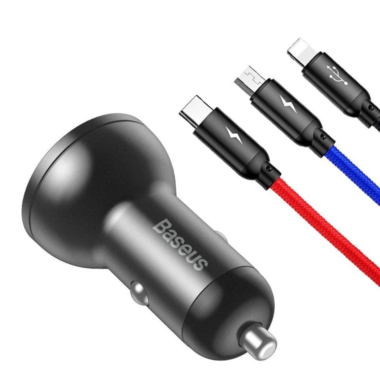 Baseus TZCCBX-0G KFZ-Adapter USB-A zu USB-C, micro USB, Lightning, 120 cm, LCD-Anzeige, 3-in-1 Kabel, Dual-USB, 4,8 A Schnellladung