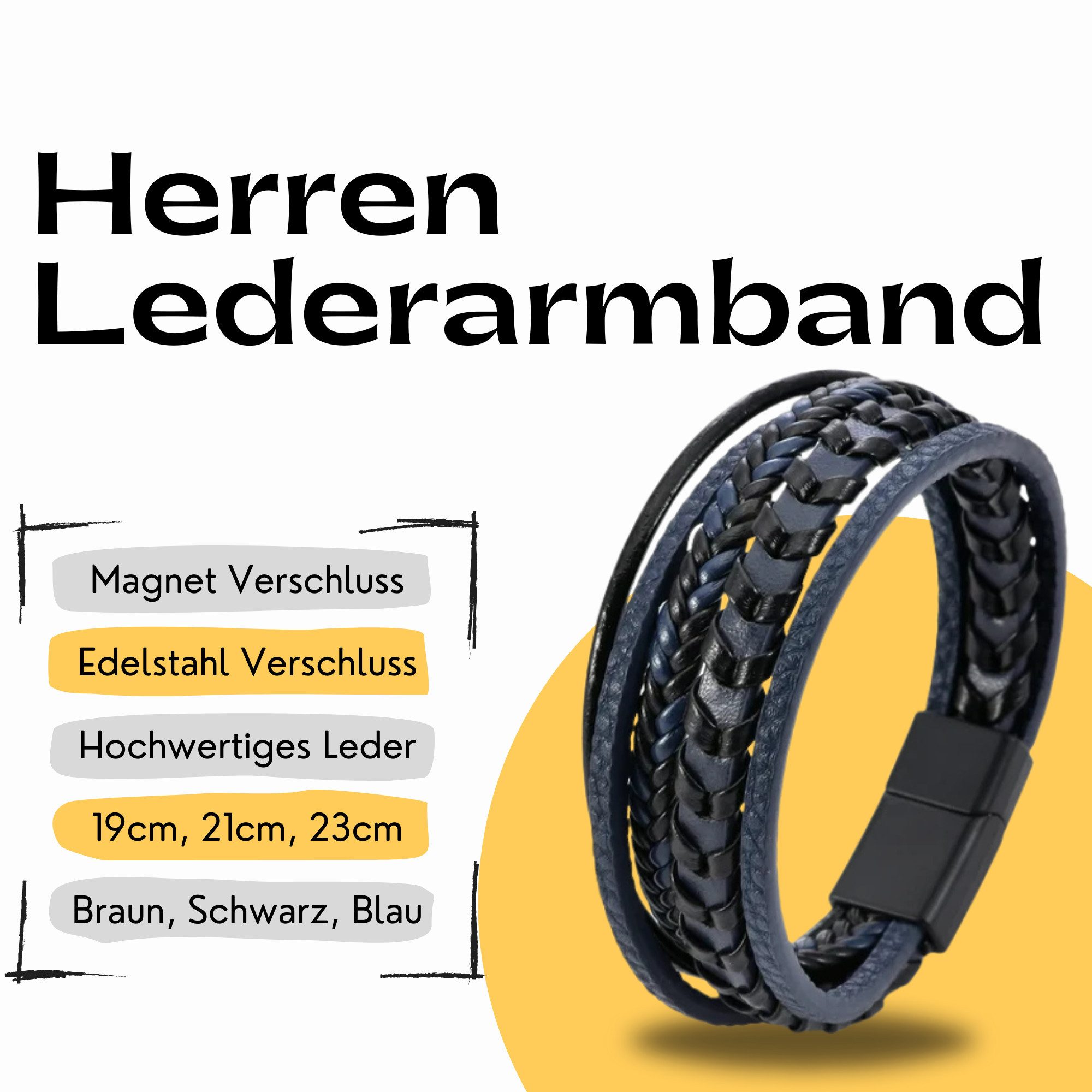 S&T Design Lederarmband Herren Armband Schwarz Braun Blau (Samttüte, 1,5 CM Buckle), Männer Geschenk Geflochten Edelstahl Magnetverschluss