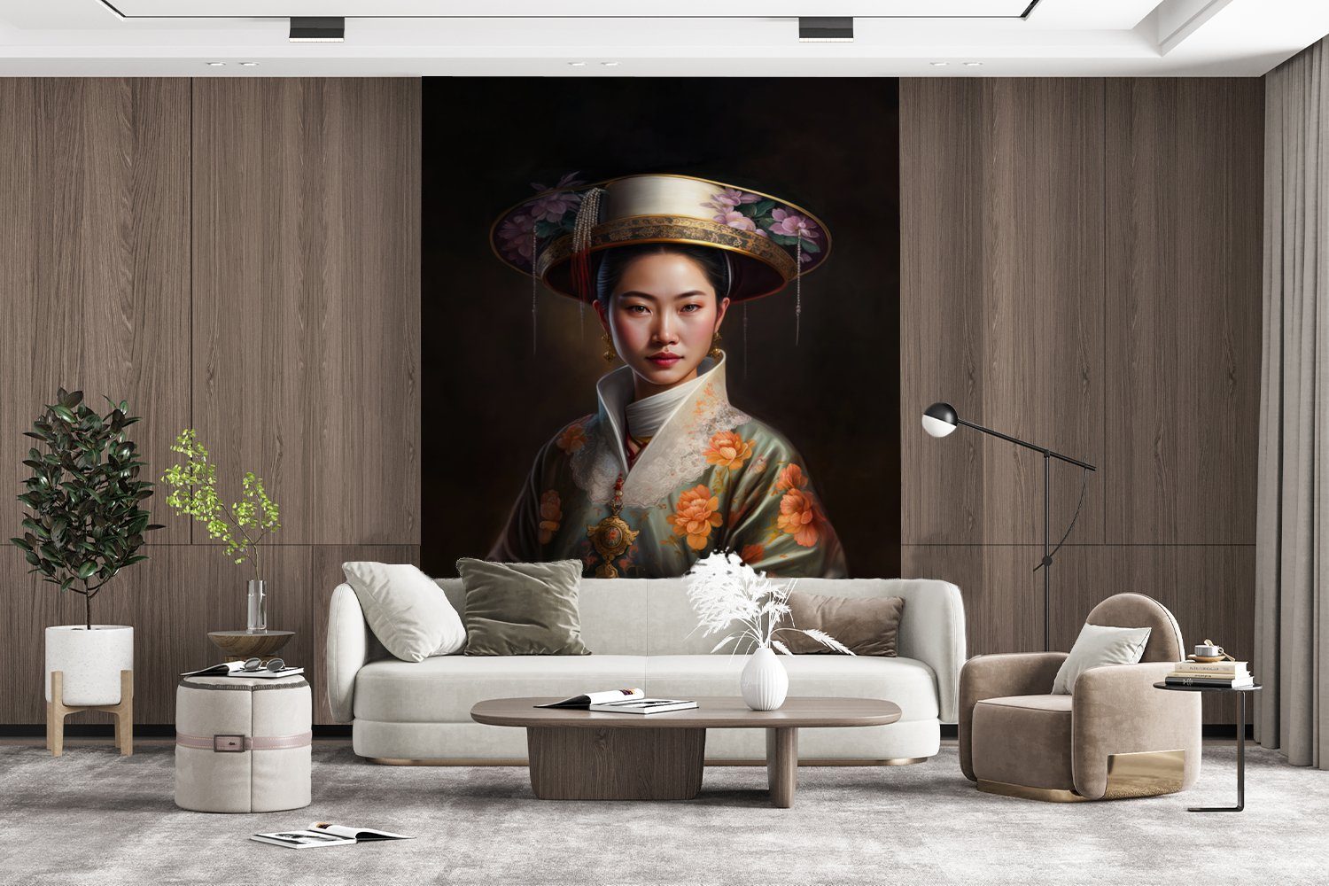 - Porträt, (4 Montagefertig Wohnzimmer, MuchoWow für - Fototapete Asiatisch Wandtapete Frauen Vinyl Tapete - St), Blumen Matt, bedruckt,