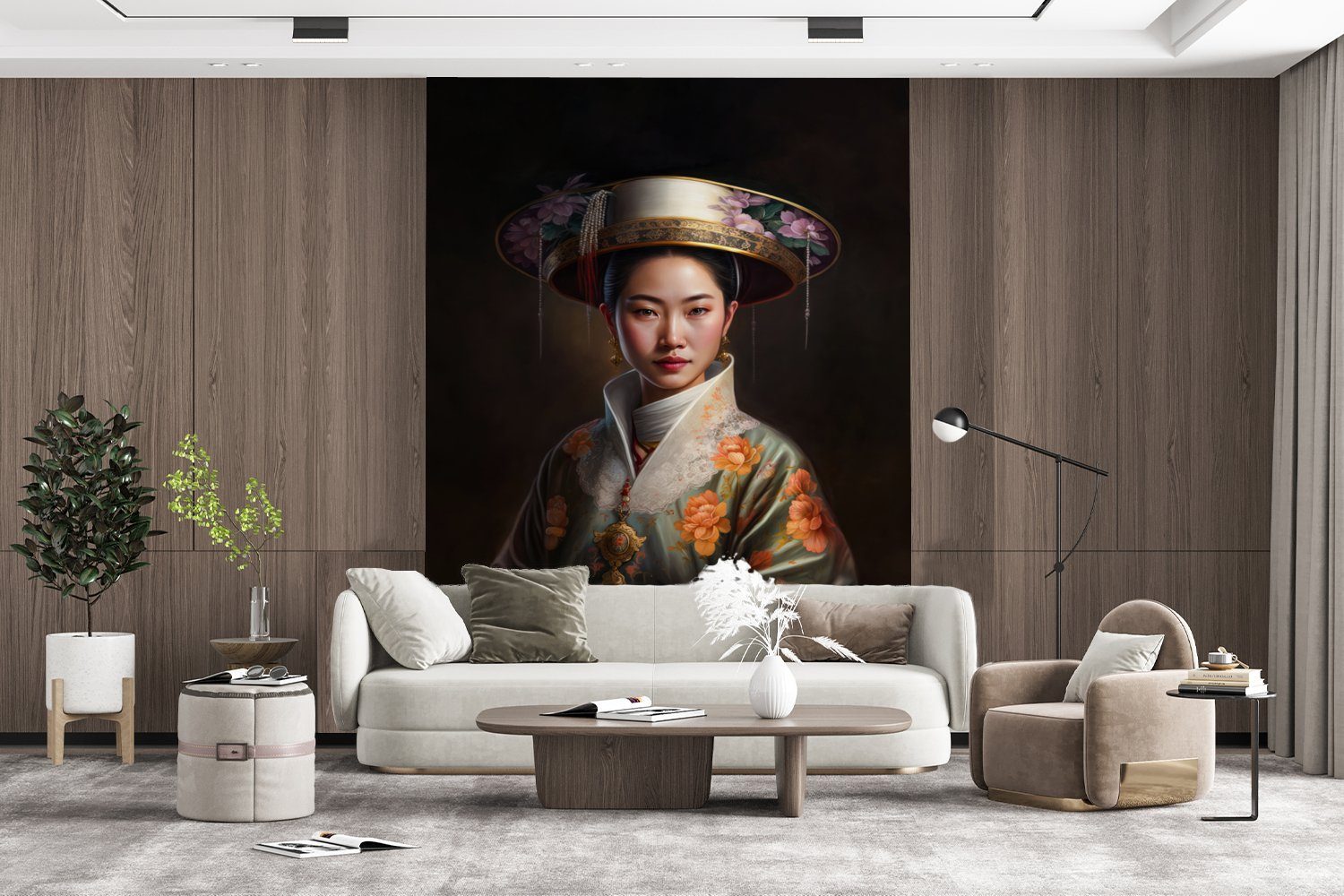 Wandtapete (4 bedruckt, - Asiatisch - Blumen Vinyl Porträt, Matt, MuchoWow Tapete St), für Fototapete Montagefertig Frauen Wohnzimmer, -