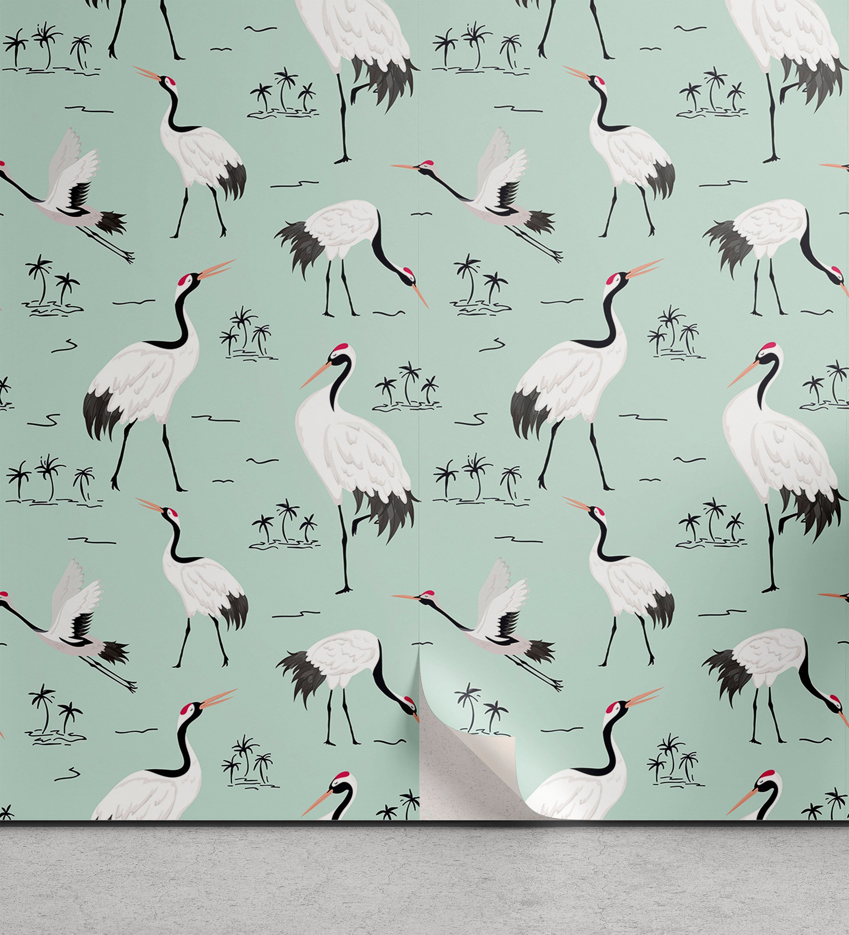 Abakuhaus Vinyltapete selbstklebendes Wohnzimmer Küchenakzent, Vogel-Druck Kräne und exotische Bäume