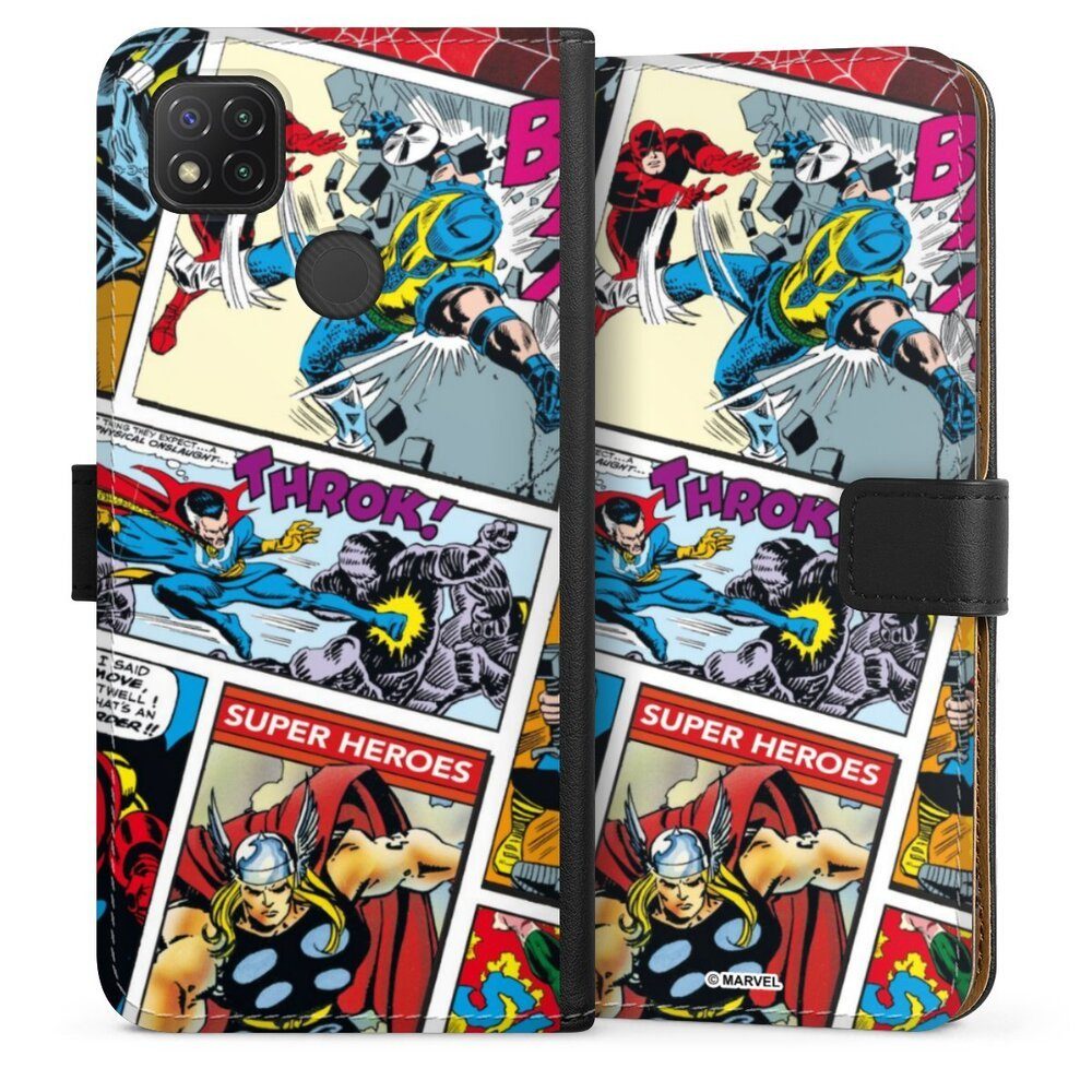 DeinDesign Handyhülle Marvel Retro Comic Blue, Xiaomi Redmi 9C Hülle Handy Flip Case Wallet Cover Handytasche Leder