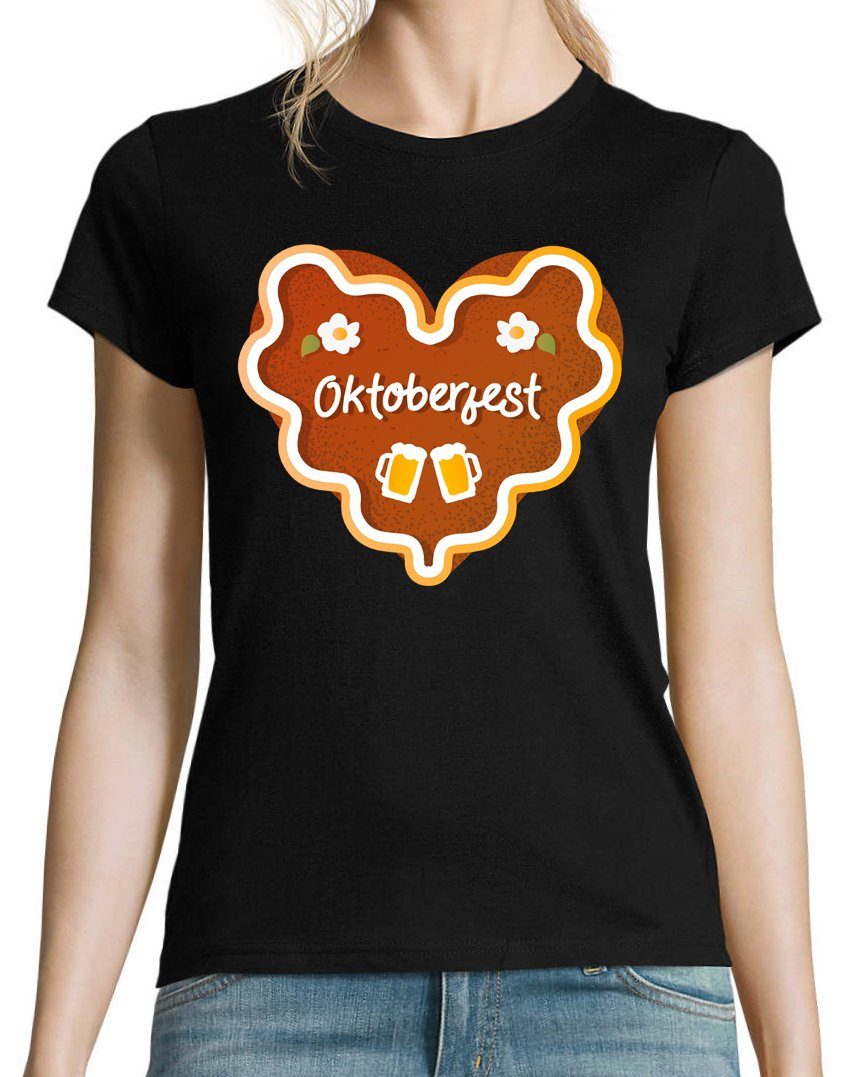 Designz Youth Oktober Schwarz Keks trendigem Fest Herz mit Shirt Frontprint T-Shirt Damen