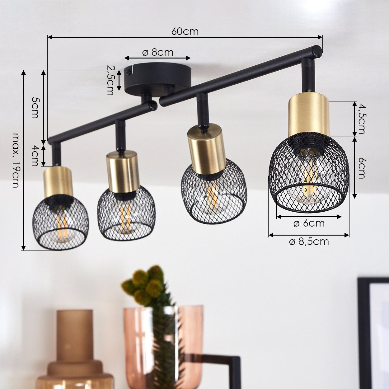 hofstein Deckenleuchte »Pieve« Deckenlampe aus Metall schwarz, gold Zimmerlampe, ohne Leuchtmittel, 4xE14, Leuchtenköpfe sind beliebig schwenkbar – Bild 4 von 5
