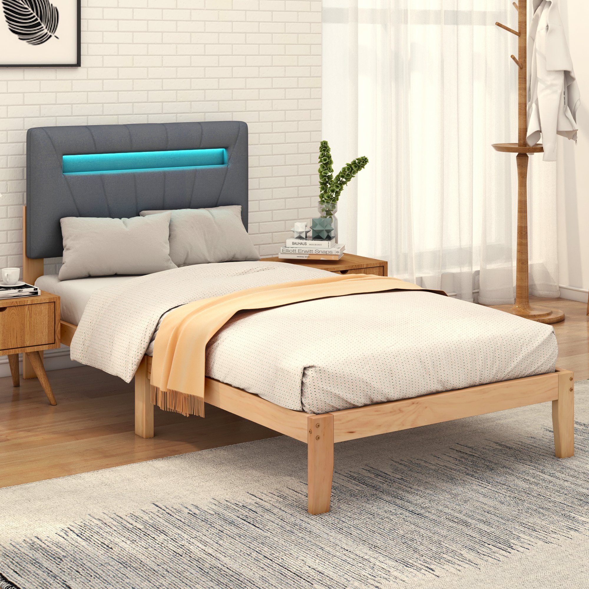Massivholzbett (Einzelbett Jugendbett), mit LED-Beleuchtung & Polsterkopfteil, 90x200cm