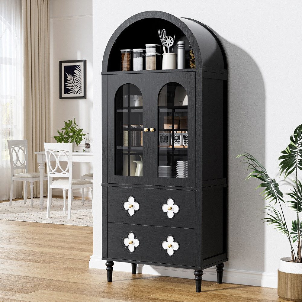 Meulbaty Vorratsschrank 71 Zoll breiter, gewölbter Vorratsschrank, Retro-Küchenschrank (1-St) mit Glastüren und Holzoberfläche, schwarz