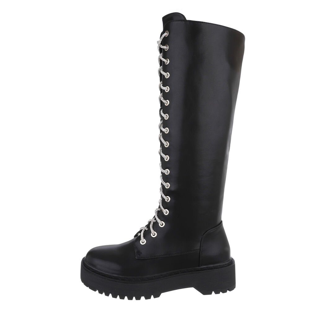 Ital-Design Damen Schnürschuhe Biker Plateaustiefel Blockabsatz Schnürstiefel in Schwarz