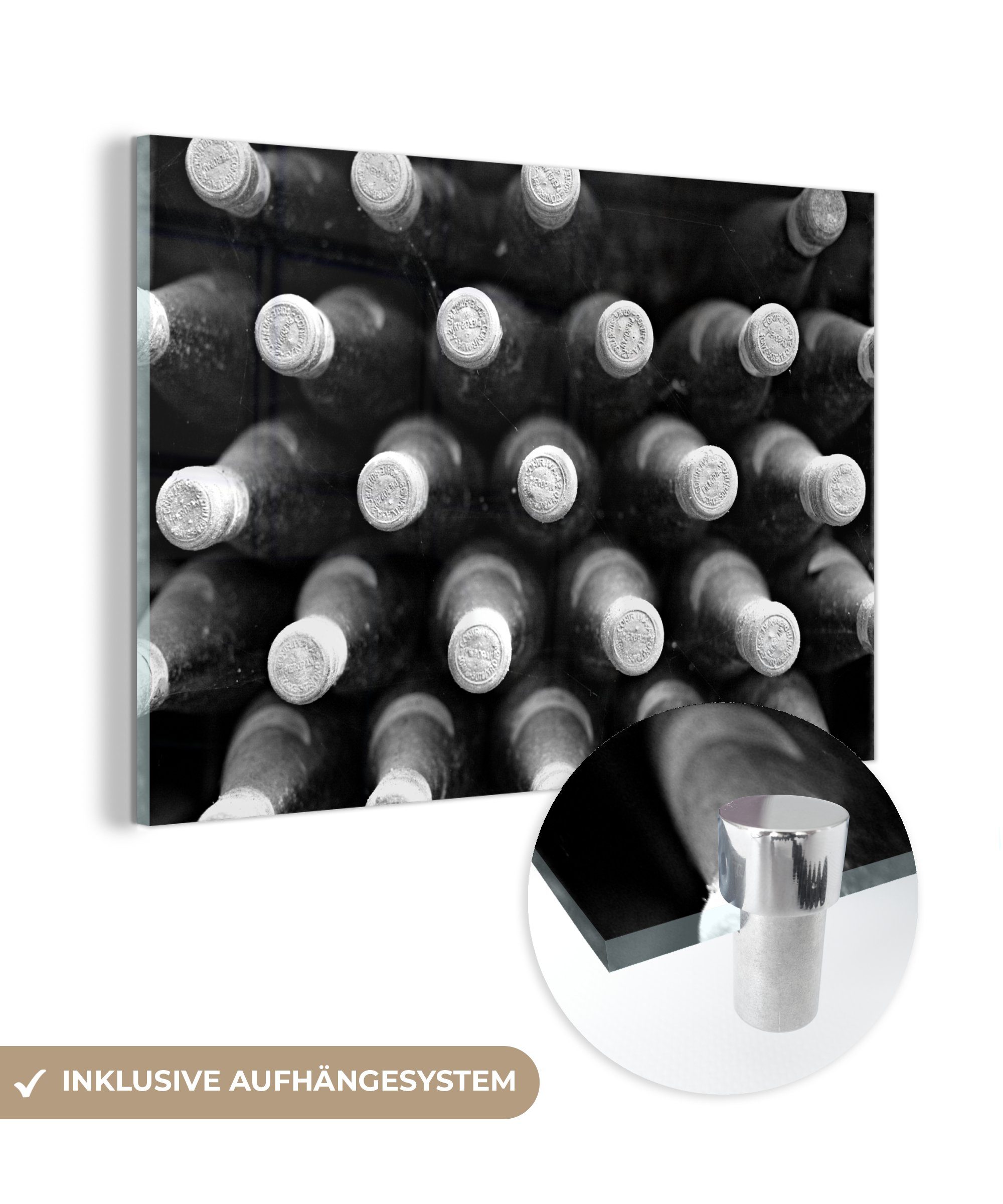 MuchoWow Acrylglasbild Weinflaschen im Keller - schwarz und weiß, (1 St), Acrylglasbilder Wohnzimmer & Schlafzimmer | Bilder