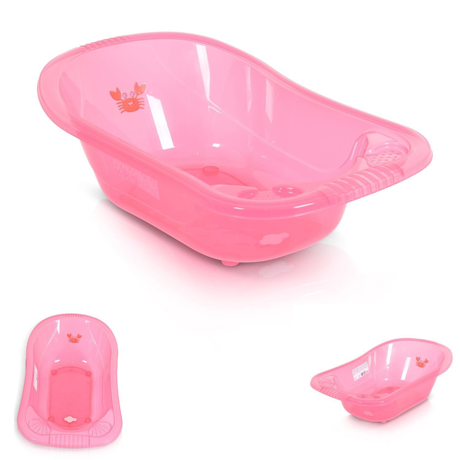 Moni Babybadewanne Babybadewanne Omar 90 cm, Transparent Wasserablauf Ablagefächer für Zubehör rosa