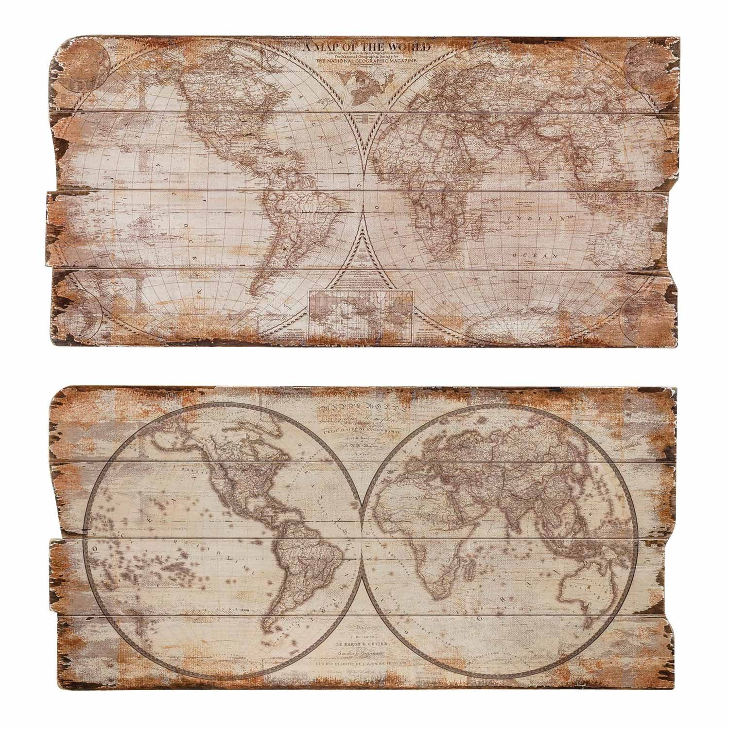 Aubaho Holzbild 2x Bild Holzbild Wandtafel Landkarte Weltkarte Wandbild  Holz Antik-Stil 80cm