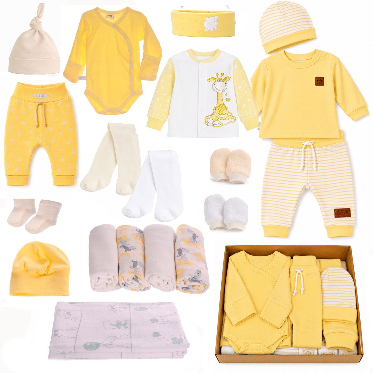 La Bortini Erstausstattungspaket Geschenk Set für Neugeborene 20Tlg in Gelb Paket Erstlingsset (Mullwindeln, Socken, Stirnband, Flanell-Tücher, unisex, Erstlingsset Geschenk Paket, Body, Hose, Shirt, Strumpfhose, Anzug) aus Baumwolle, neutral, 44 50 56 62 68 74