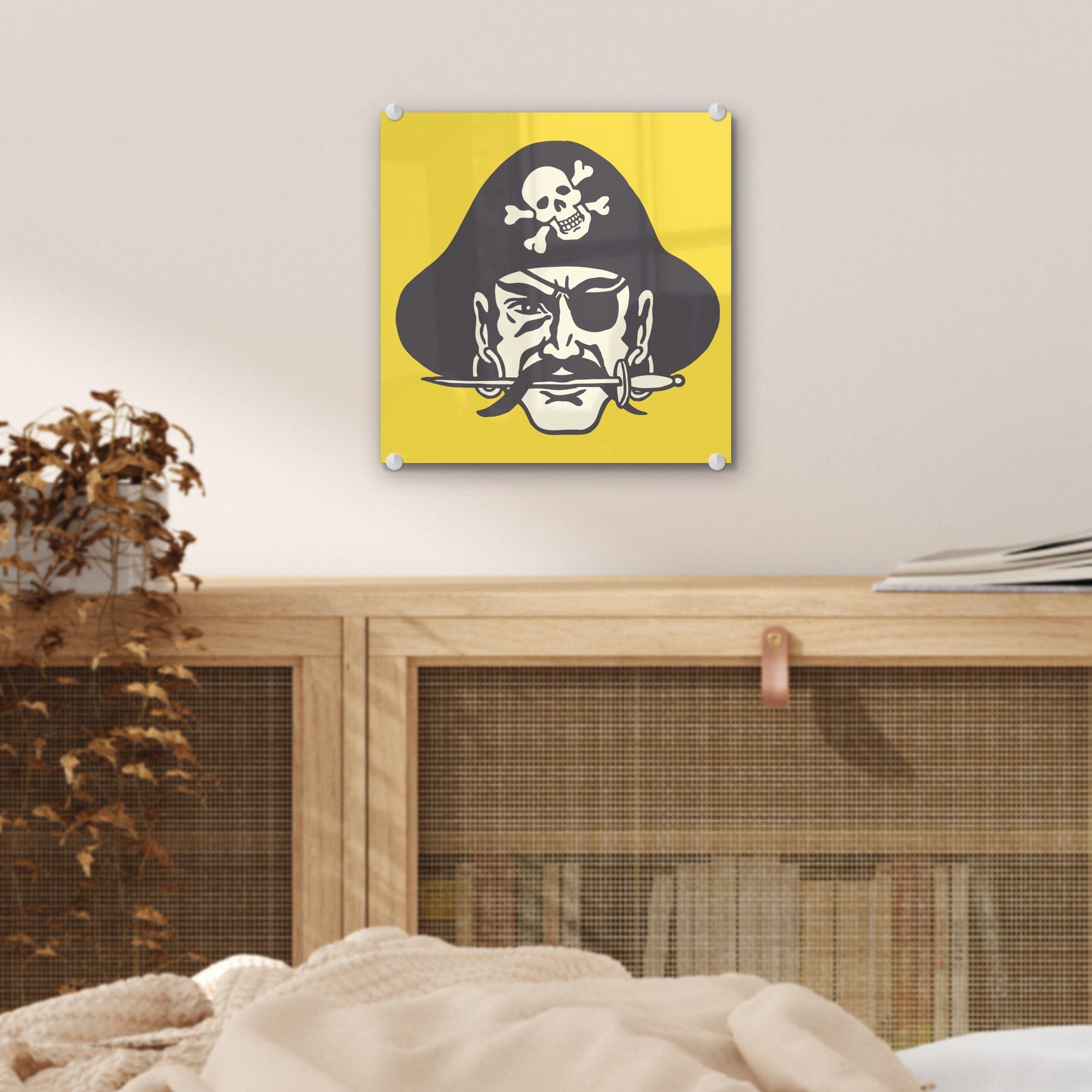 eines (1 MuchoWow St), Glasbilder Acrylglasbild Illustration Wandbild - - auf gelben einem - Bilder Hintergrund, Glas auf Piraten auf Glas Kinder Foto Wanddekoration