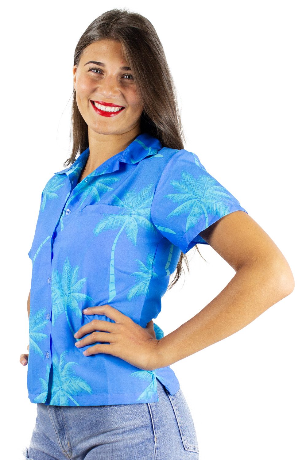 King Kameha Hawaiihemd Palmshadow Funky Hawaiibluse Damen Kurzarm Front-Tasche Stylish