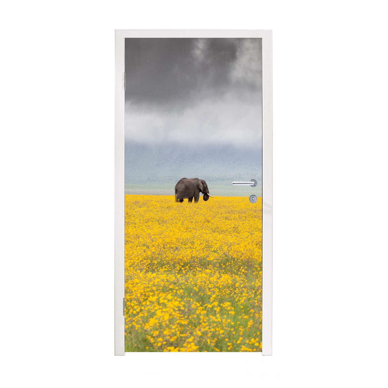 MuchoWow Türtapete Elefant - Blumen - Natur - Gelb - Tiere, Matt, bedruckt, (1 St), Fototapete für Tür, Türaufkleber, 75x205 cm | Türtapeten