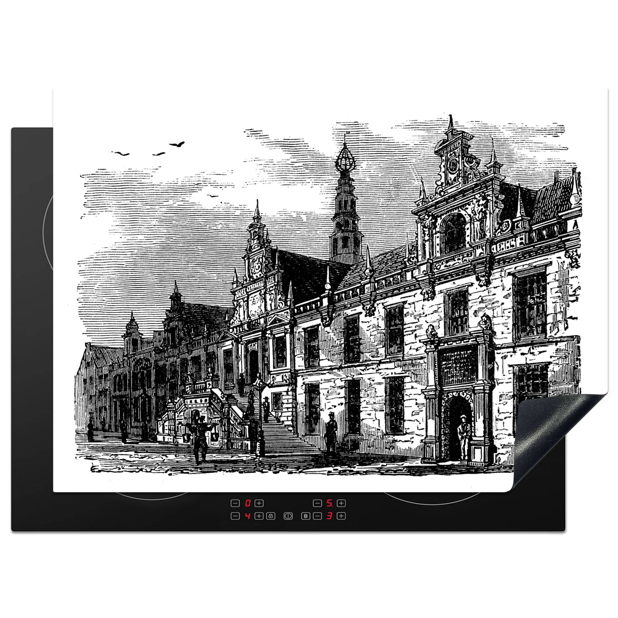 MuchoWow Herdblende-/Abdeckplatte Schwarz-Weiß-Abbildung des Rathauses von Leiden, Vinyl, (1 tlg), 70x52 cm, Mobile Arbeitsfläche nutzbar, Ceranfeldabdeckung