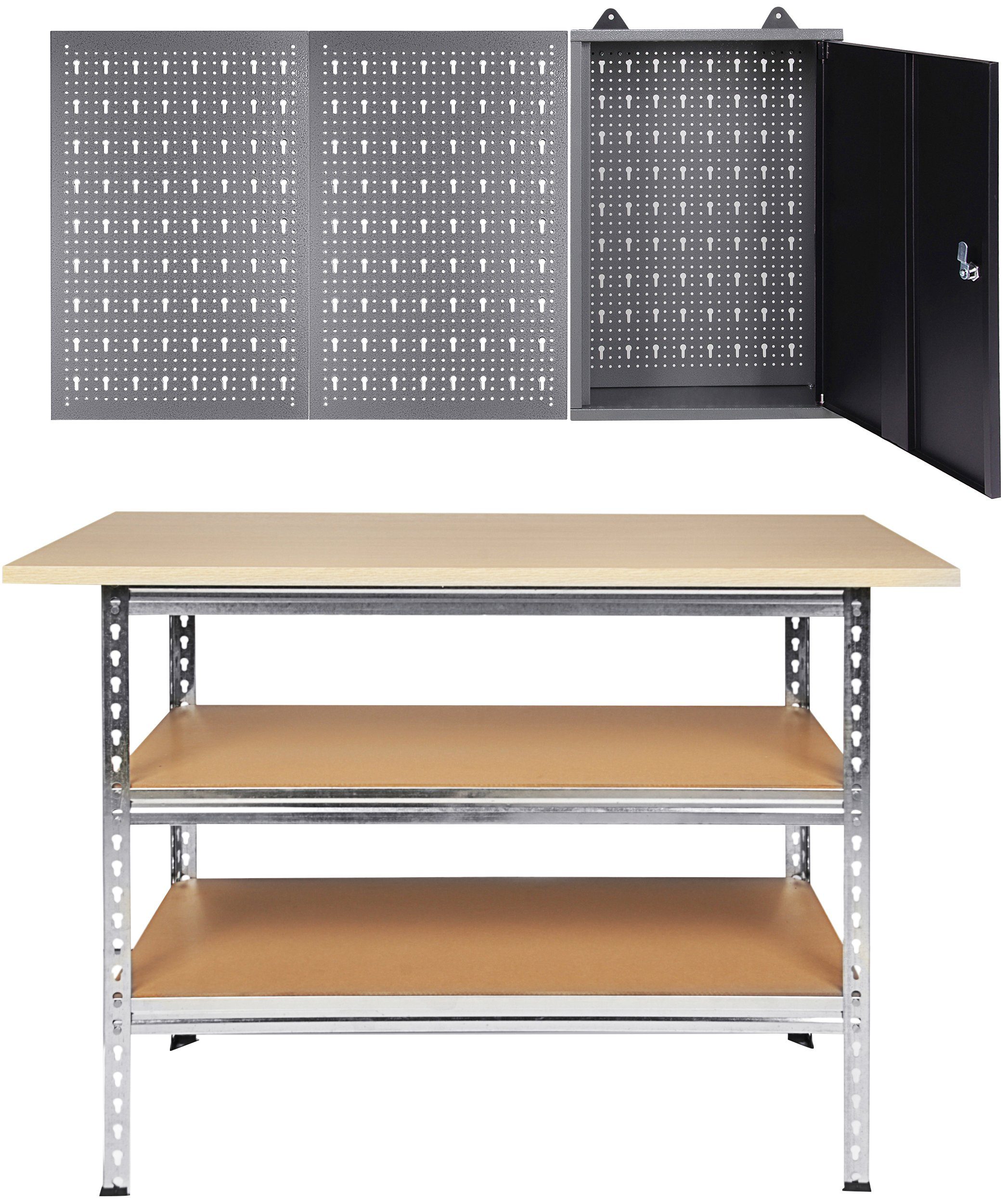 ONDIS24 Werkstatt-Set Werkbank Uwe, 120x60x92 cm, mit Werkzeugschrank und Lochwand