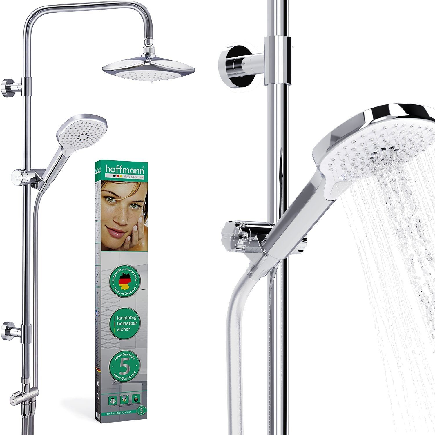 hoffmann Made in Germany Duschsystem Duschsystem mit Ventil, 3  Strahlart(en), Premium Duschsystem mit Umschaltventil, Messing Wandhaltern,  Handbrause mit 3 Strahlarten, Brauseschlauch 160cm und Kopfbrause mit 4  Strahlarten