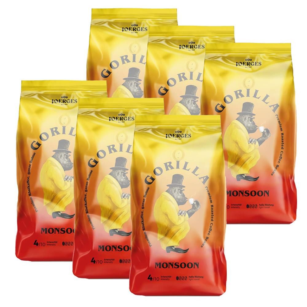 Gorilla Kaffee Joerges Monsoon 6x1kg Bohnen Arabica Kaffeebohnen, 6 x 1000 g, florale, leicht fruchtige und honigartige Noten