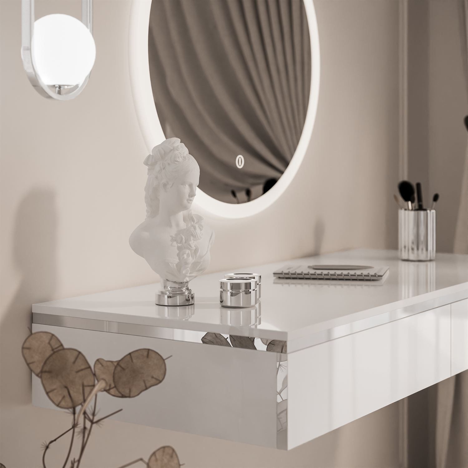 Lookway Schminktisch AURORA SILVER Hängender Kosmetiktisch mit Spiegel (1x Konsole und 1x Spiegl), Breite: 102 cm, Höhe: 15 cm, Tiefe: 43,6 cm – Bild 5 von 5