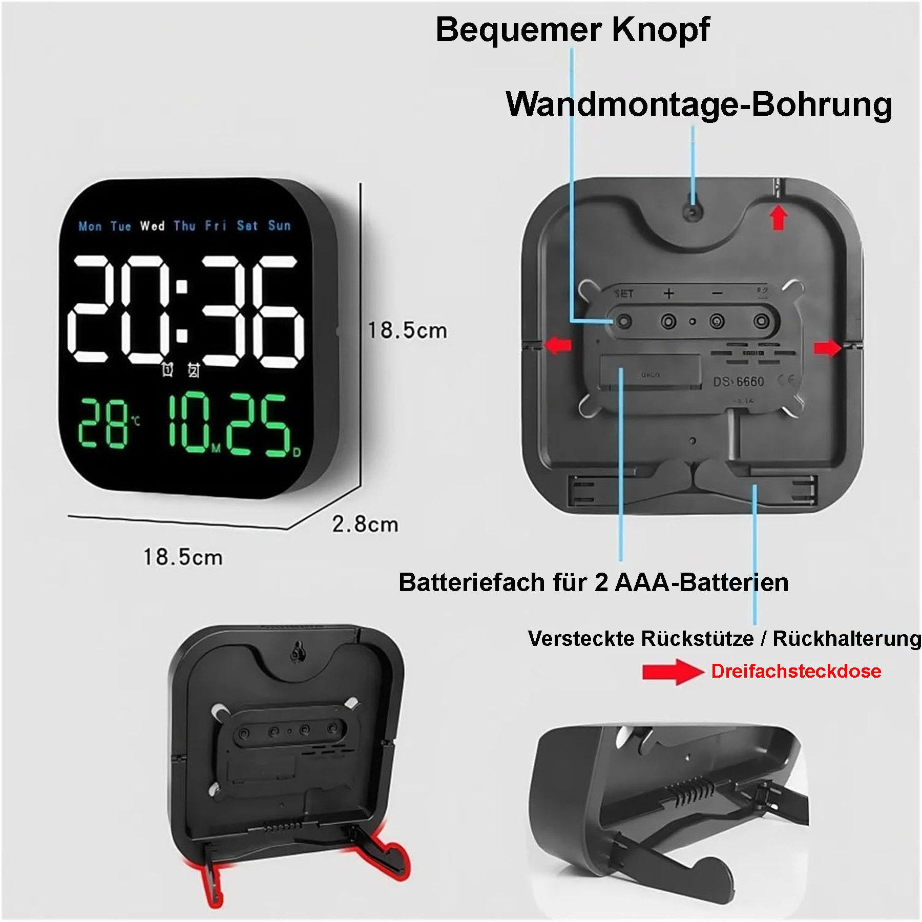 Senmudi Uhr Große LED Digitaluhr mit Anzeige für Zeit, Luftfeuchtigkeit,Temperatur (mit Fernbedienung für Dekor Wohnzimmer Büro Fitnessstudio)