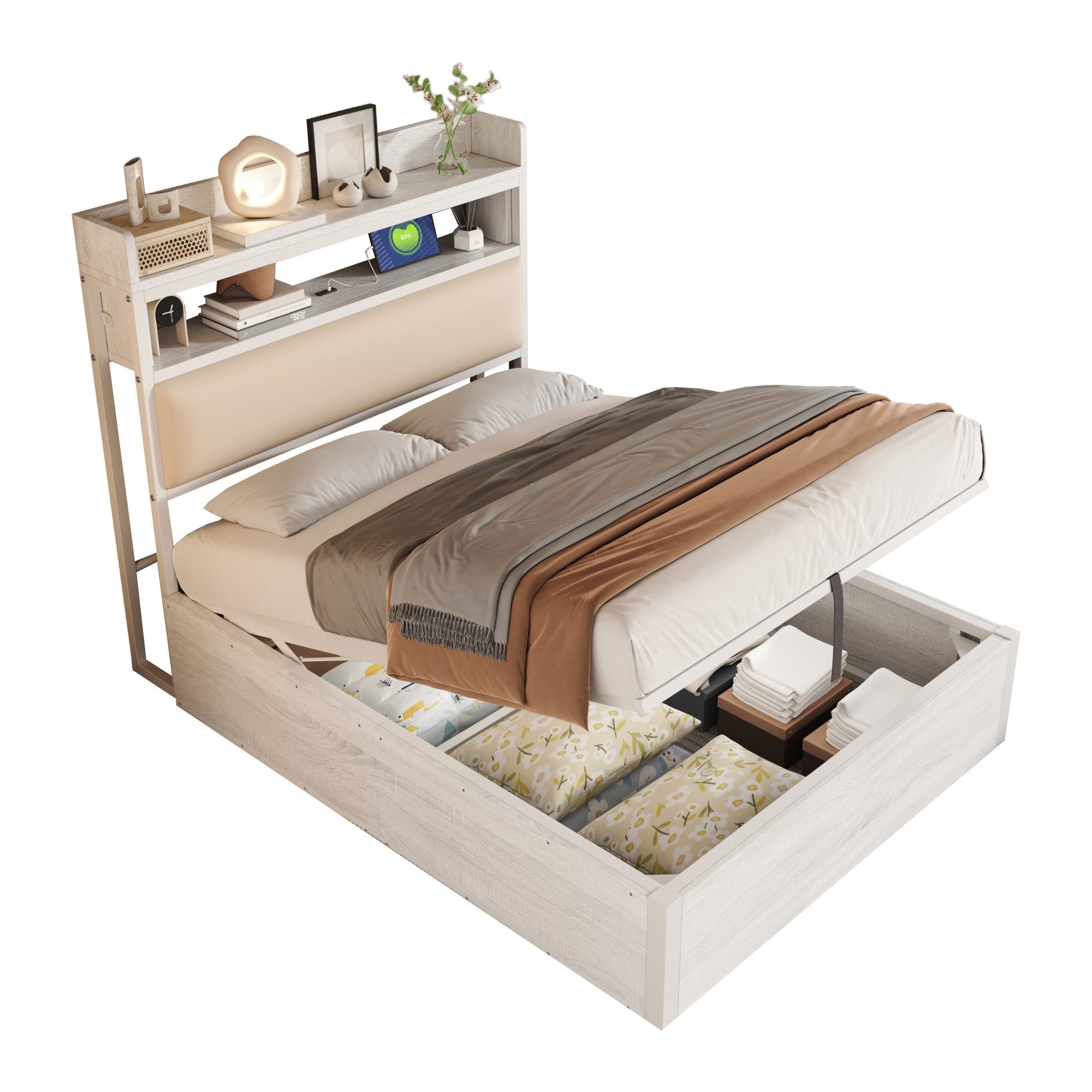 Ulife Polsterbett Hydraulisches Stauraumbett mit USB, versteckte Stauraumschicht (Ohne Matratze), Einzelbett, Kinderbett Jugendbett 90x200cm