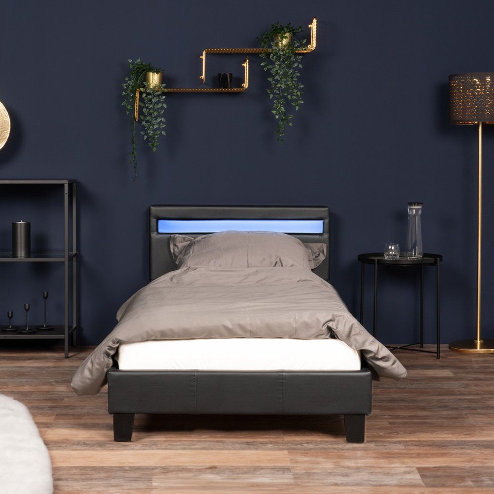 HOME DELUXE Bett ASTRO - 90/140 (inklusive Lattenrost), großes gepolstertes Kopfteil, LED Bett, Jugendbett