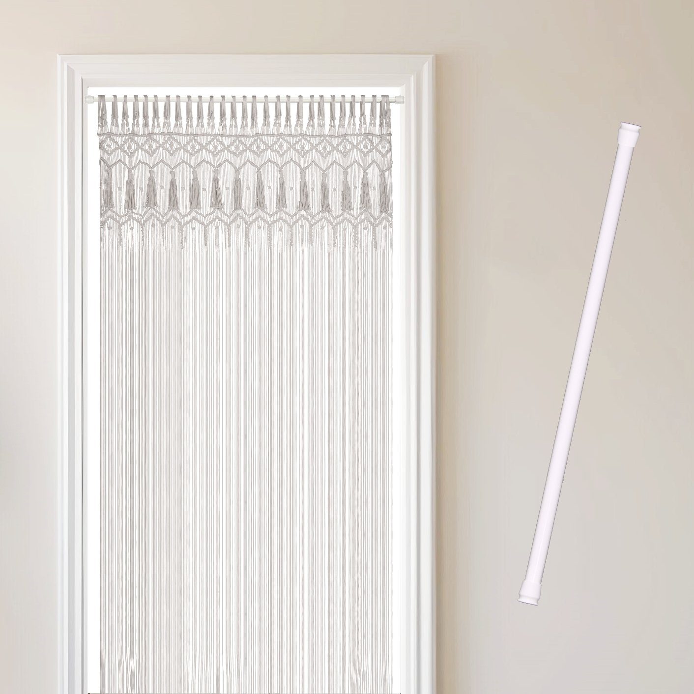 Cozyor Türvorhang Makramee 132 x 200 cm Boho Vorhang Fenstervorhang Перегородки (1 St), Schlaufen, Baumwolle, mit Vorhangstange zum Klemmen weiß Wandteppich Wandbehang