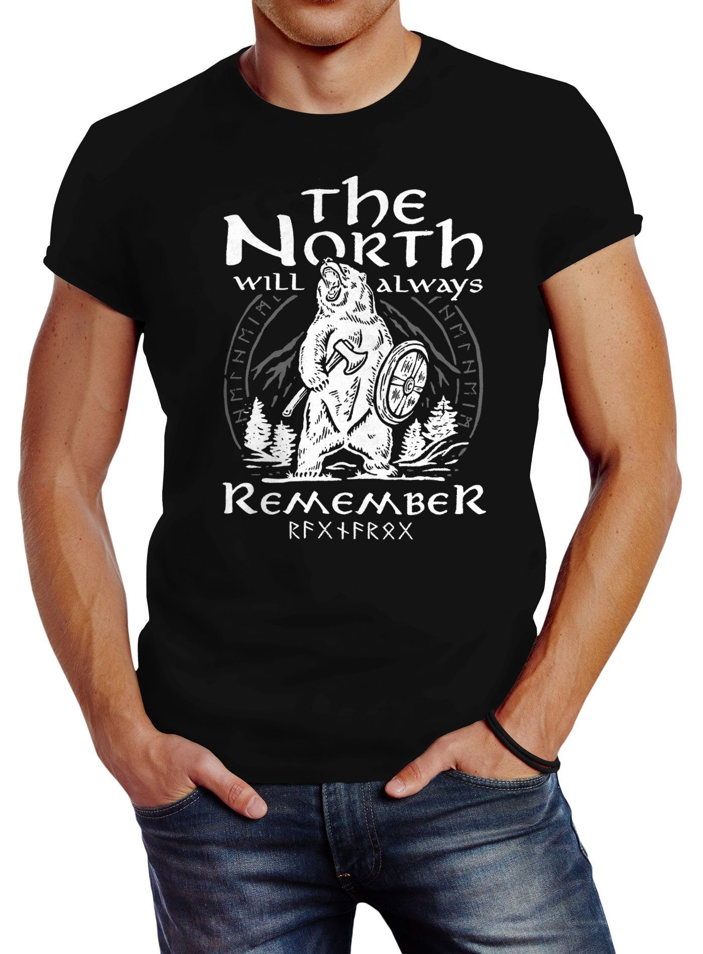 Natur Print-Shirt Runen mit T-Shirt Adventure Neverless Wiking Neverless® Bär North Streetstyle Print Herren Fashion the