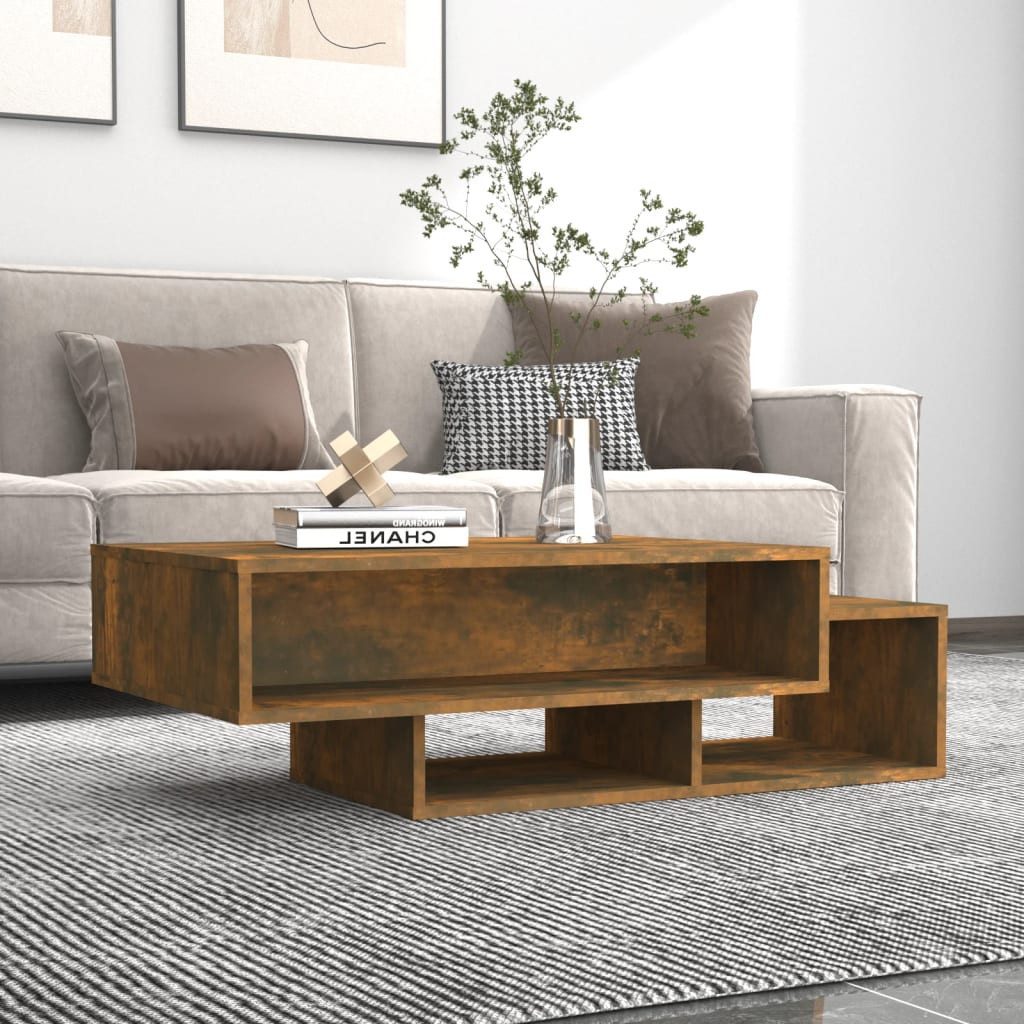 furnicato Couchtisch aus Massivholz 105 x 55 x 32 cm in Räuchereiche (1-St), Stabiler Sofatisch mit drei Fächern für Stauraum im Wohnzimmer