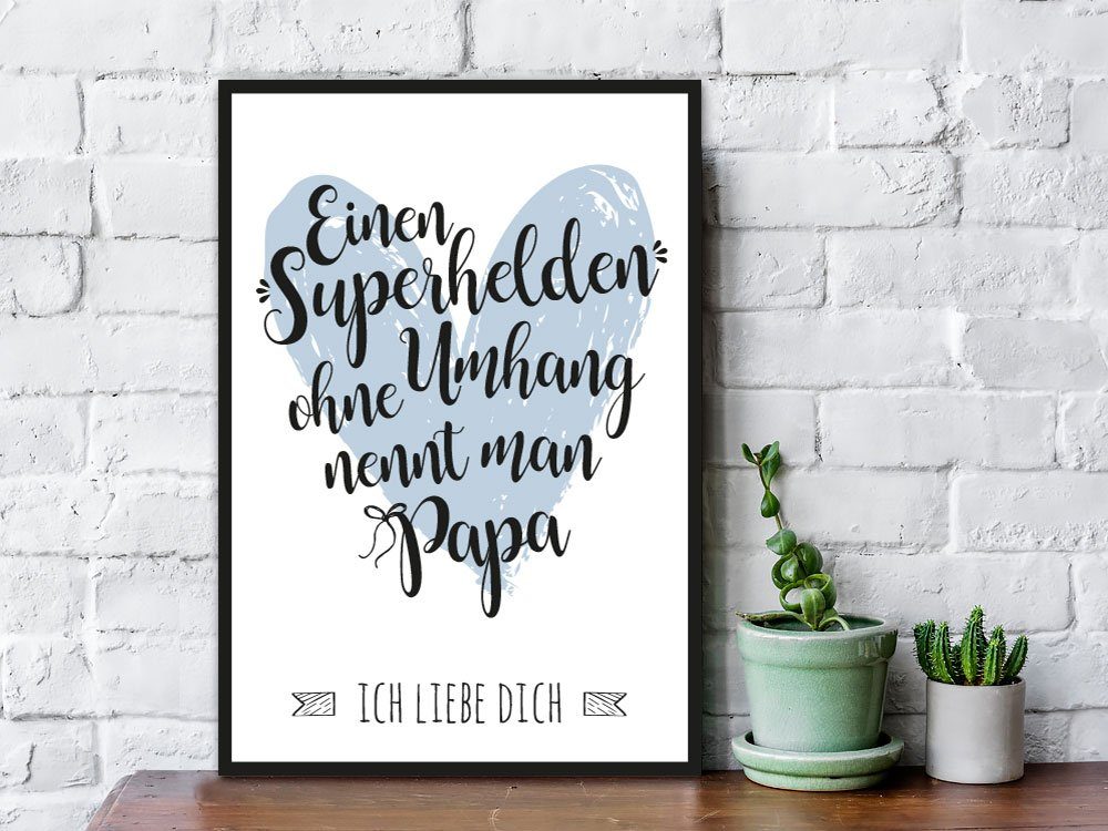 GRAVURZEILE Holzbild mit Spruch - Superhelden ohne Umhang nennt man Papa - Kunstdruck, (1 St), Liebevolles Wandbild im Vintage-Look für Papa zum Vatertag