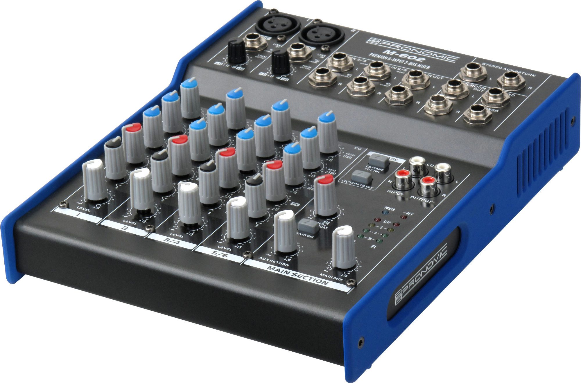 Pronomic Mischpult M-602 6-Kanal-Mischpult, mit 2 Mono-Kanäle XLR/Klinke, 2-Stereo Kanäle, 3-Band-EQ