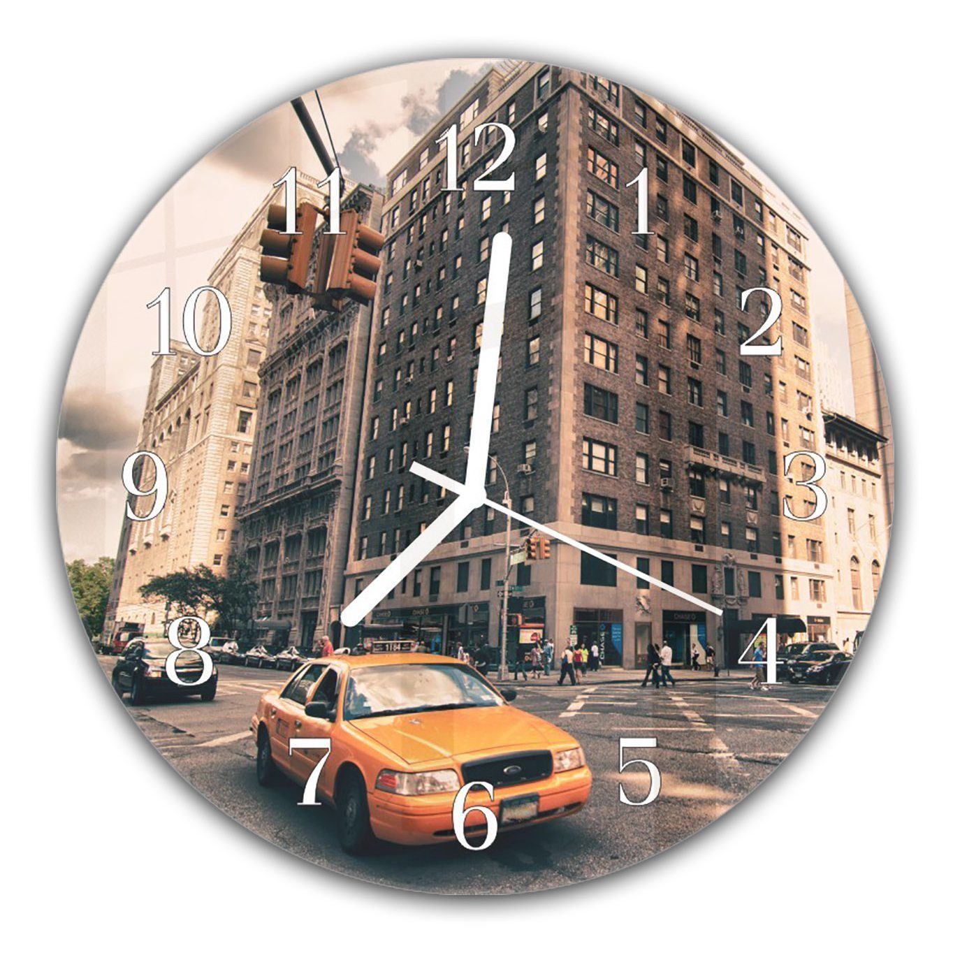 Primedeco Wanduhr Wanduhr aus Glas mit Motiv Taxi in New York - Rund mit Durchmesser 30 cm und Quarzuhrwerk