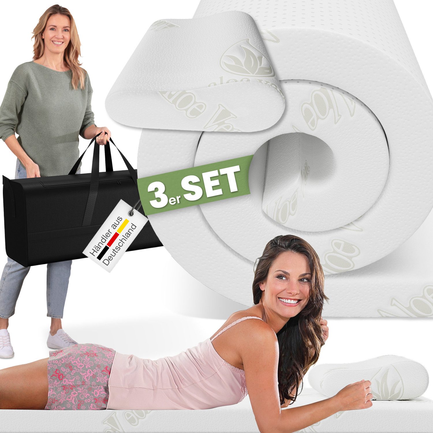 ELONEO Bett-Set Reise-Set 3-teilig: Visko-Topper, Nackenstützkissen & Tasche