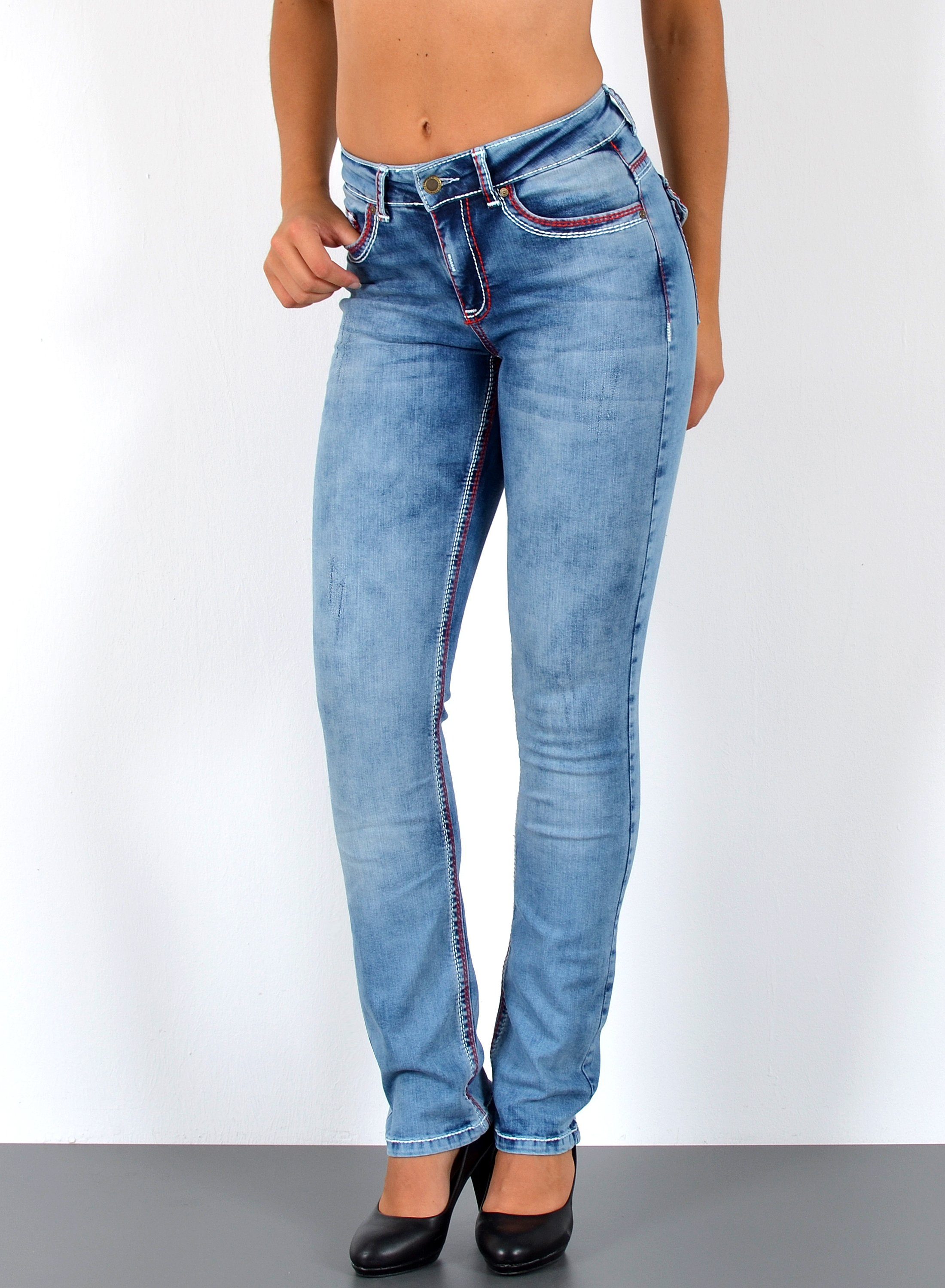 Straight-Jeans Damen Jeanshose weiße Naht hohe Leibhöhe Stretch Jeans Straight G12