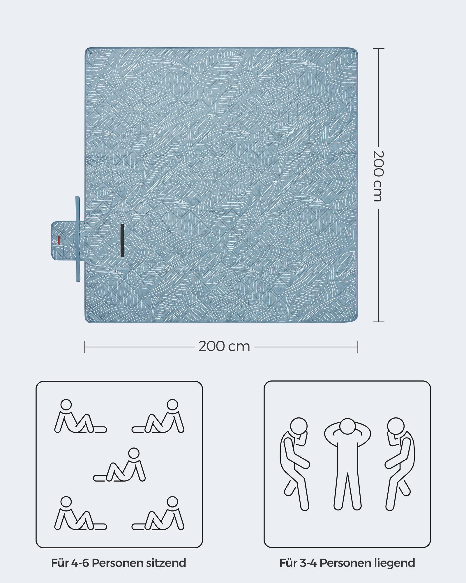 Picknickdecke 200 x 200 cm, mit 4 Erdankern, Campingdecke, für Park, Garten, Strand, SONGMICS, wasserdicht, maschinenwaschbar, faltbar, hellblau mit tropischem Farn