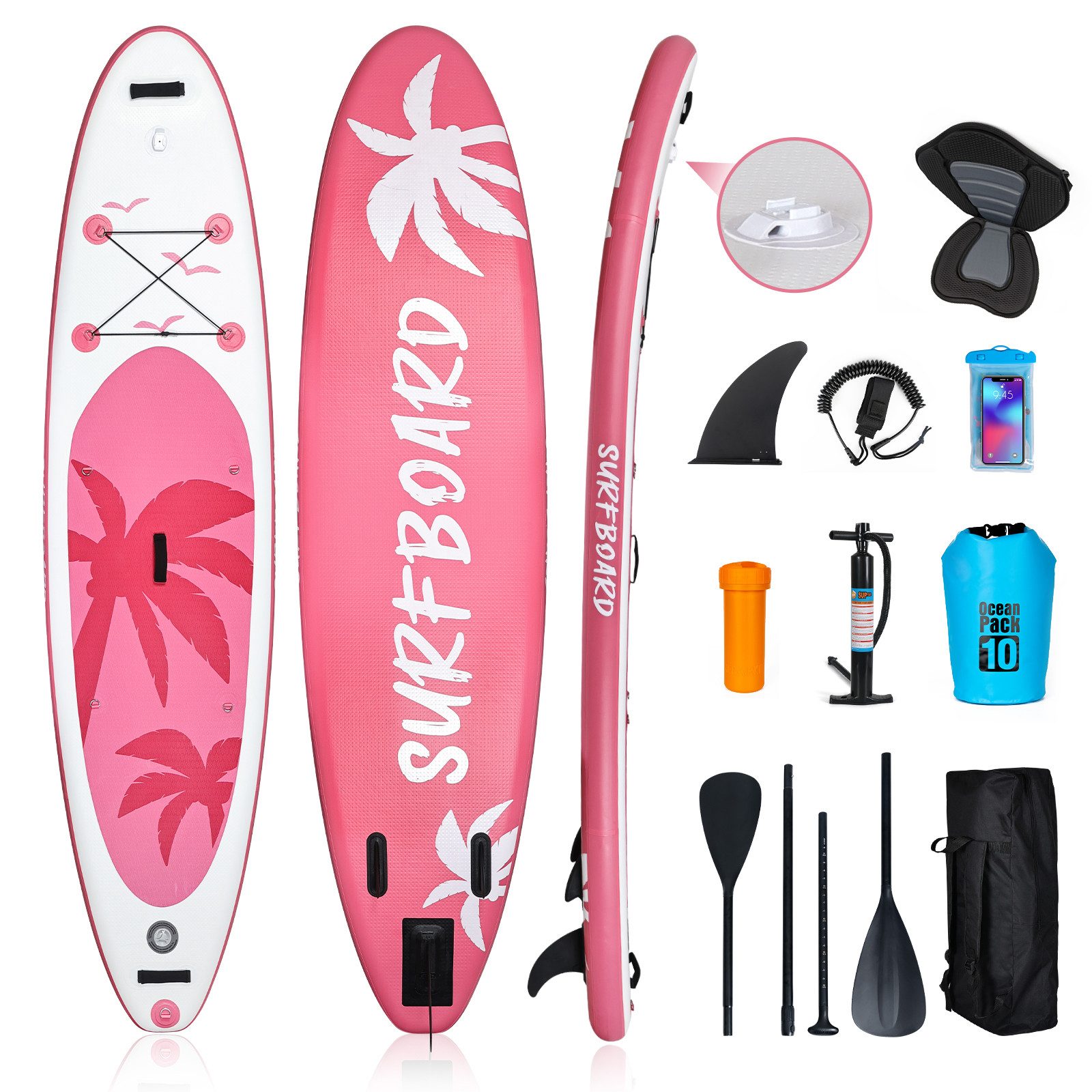 Puluomis Inflatable SUP-Board Set aufblasbar mit Halter, Sitz und Fußband, MB. bis 150Kg, 335/320cm, Surfbrett Paddling Paddelboard