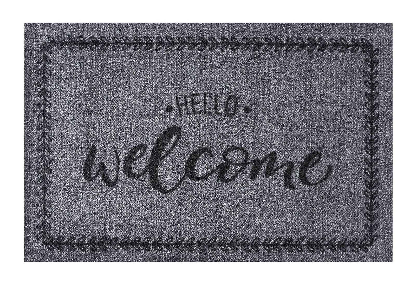 MD Entree Fußmatte Ambiance Schmutzfangmatte Eingangsmatte Innenbereich, rechteckig, Höhe: 8 mm, bei 30° waschbar, anti-rutsch, 50 x 75 cm, Hello Welcome, grau