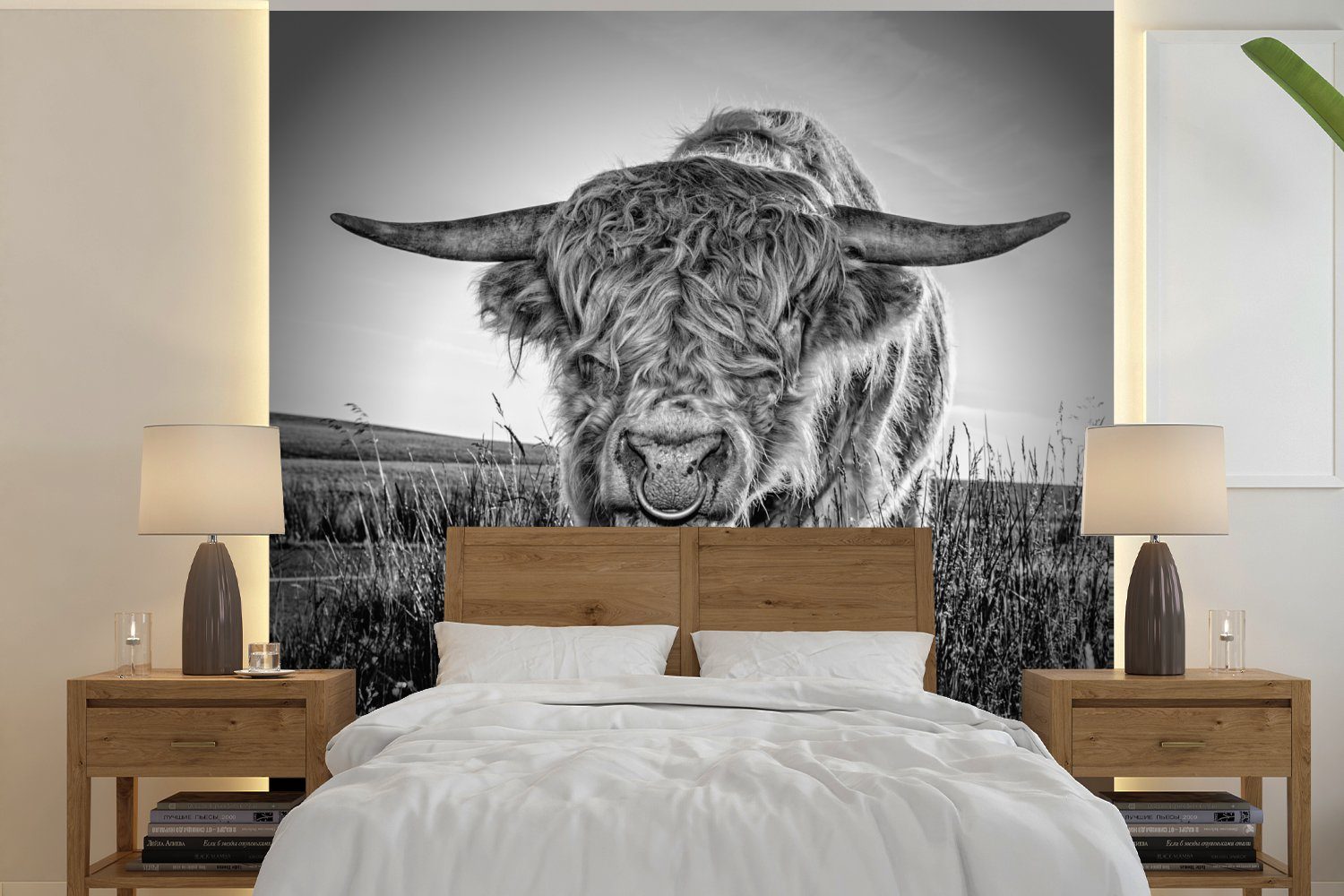 MuchoWow Fototapete Scottish Highlander - Gras - Schwarz - Weiß, Matt, bedruckt, (4 St), Vliestapete für Wohnzimmer Schlafzimmer Küche, Fototapete