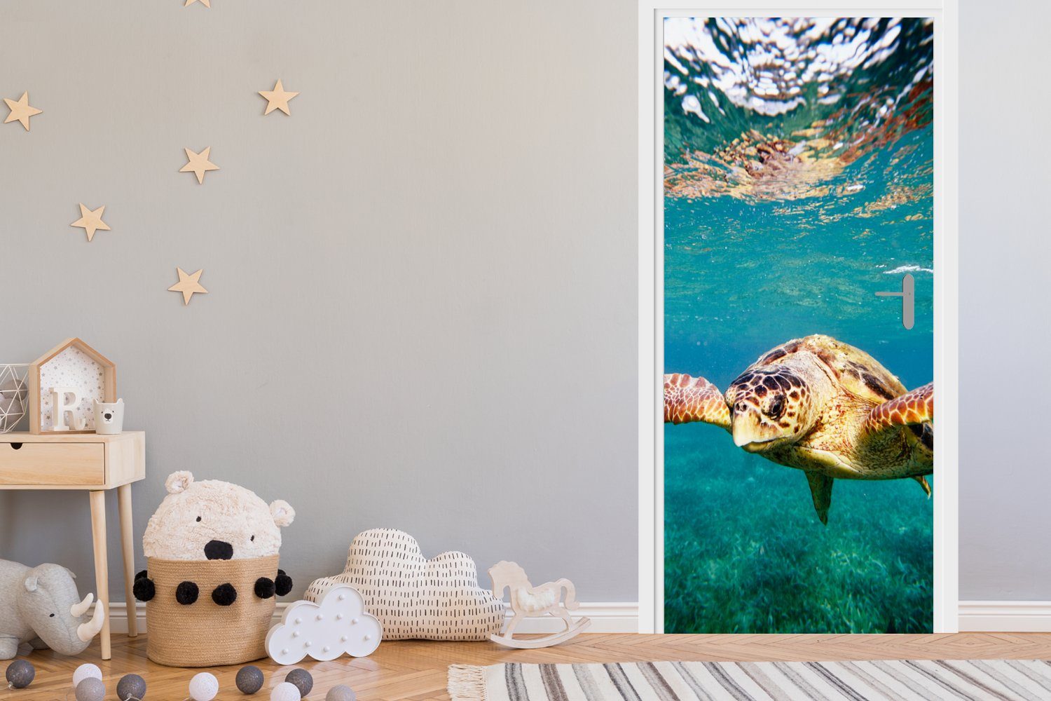 MuchoWow Türtapete Schildkröte Fototapete St), Blau, Tür, (1 für - 75x205 Matt, Wasser bedruckt, Türaufkleber, cm 