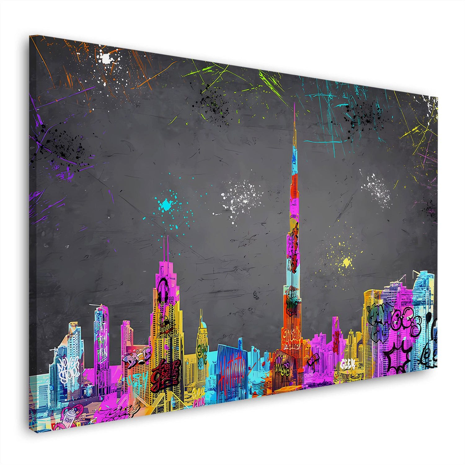 Artedinoi Leinwandbild Abstrakt Dubai Skyline Street Art Wandbild Leinwandbild Kunstdruck XL