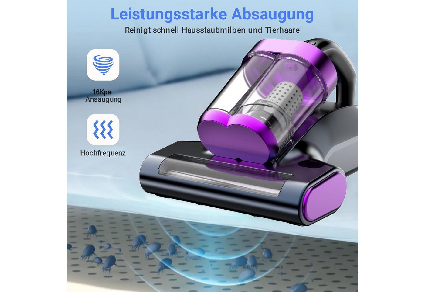 wohnTRAUM24 Matratzenreinigungsgerät Milbensauger für Matratzen, Milbenstaubsauger mit UV-C Licht, 16Kpa Starke Absaugung Matratzenreiniger mit Heißer Wind