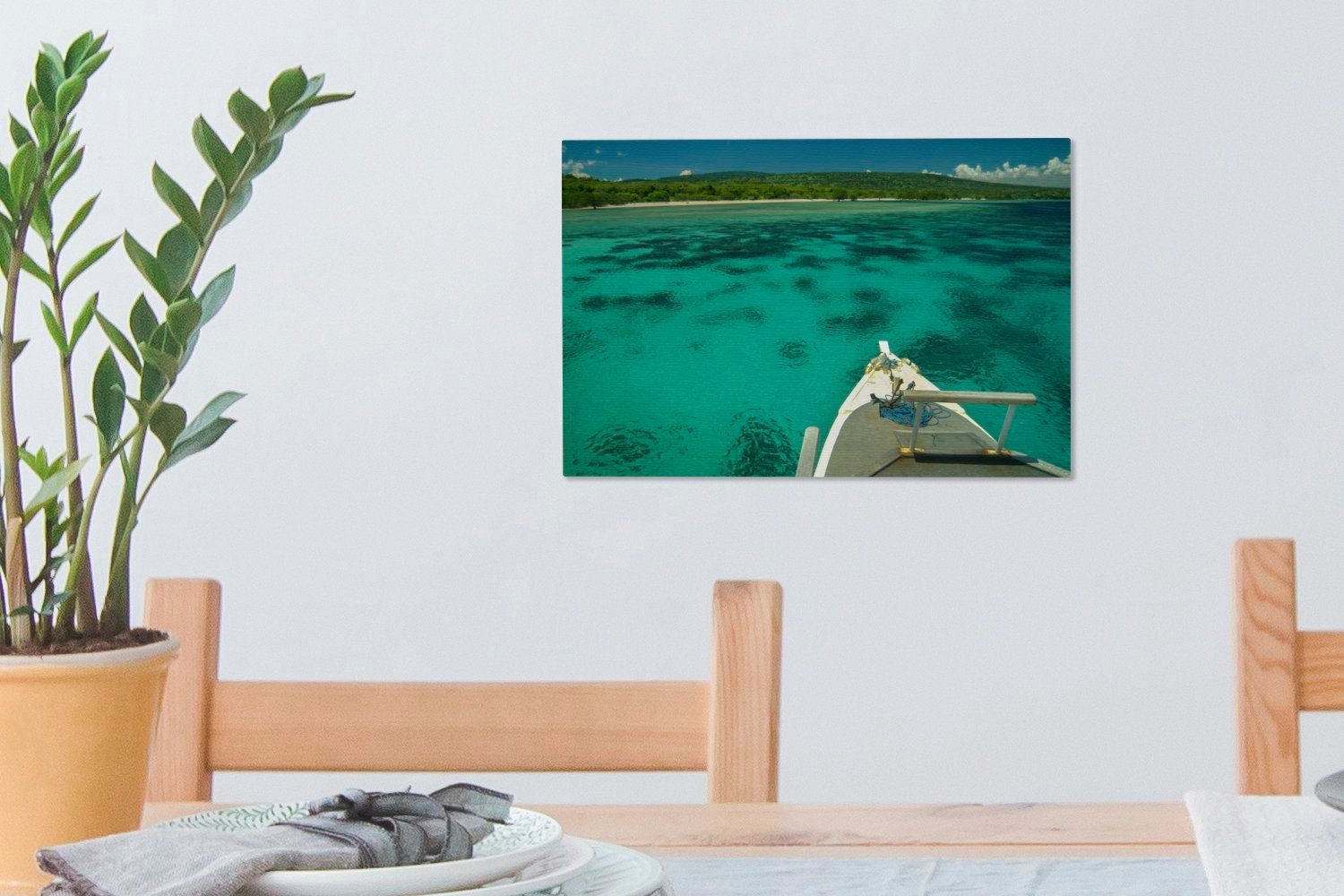 Bali-Nationalpark Leinwandbild Aufhängefertig, cm Blick Leinwandbilder, St), Wasser auf in, (1 den Wandbild Klares 30x20 mit OneMillionCanvasses® türkisfarbenes Wanddeko,