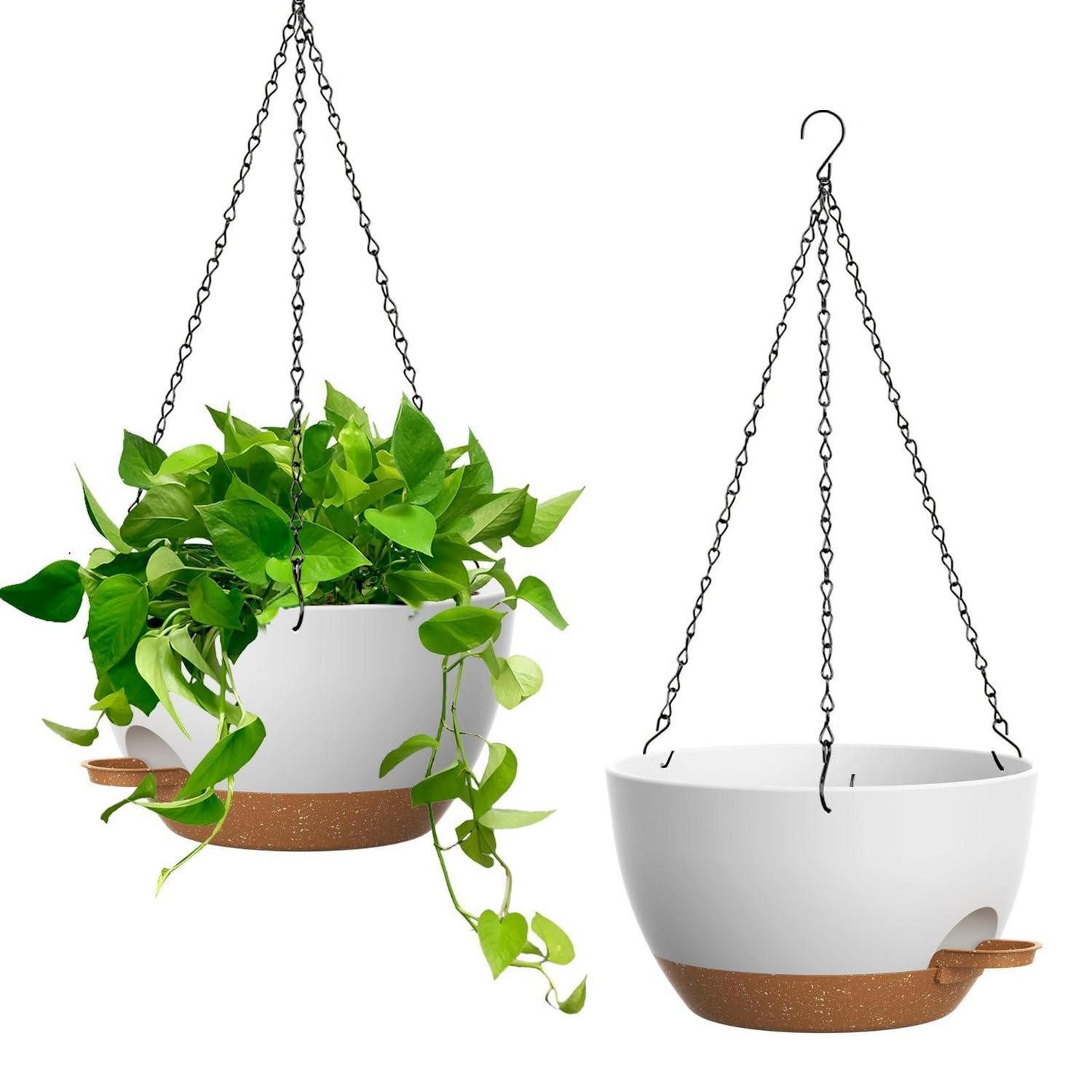 LuxusKollektion Blumentopf Blumenampel selbstbewässernd hängend Drainage 25cm Weiß mit Braun