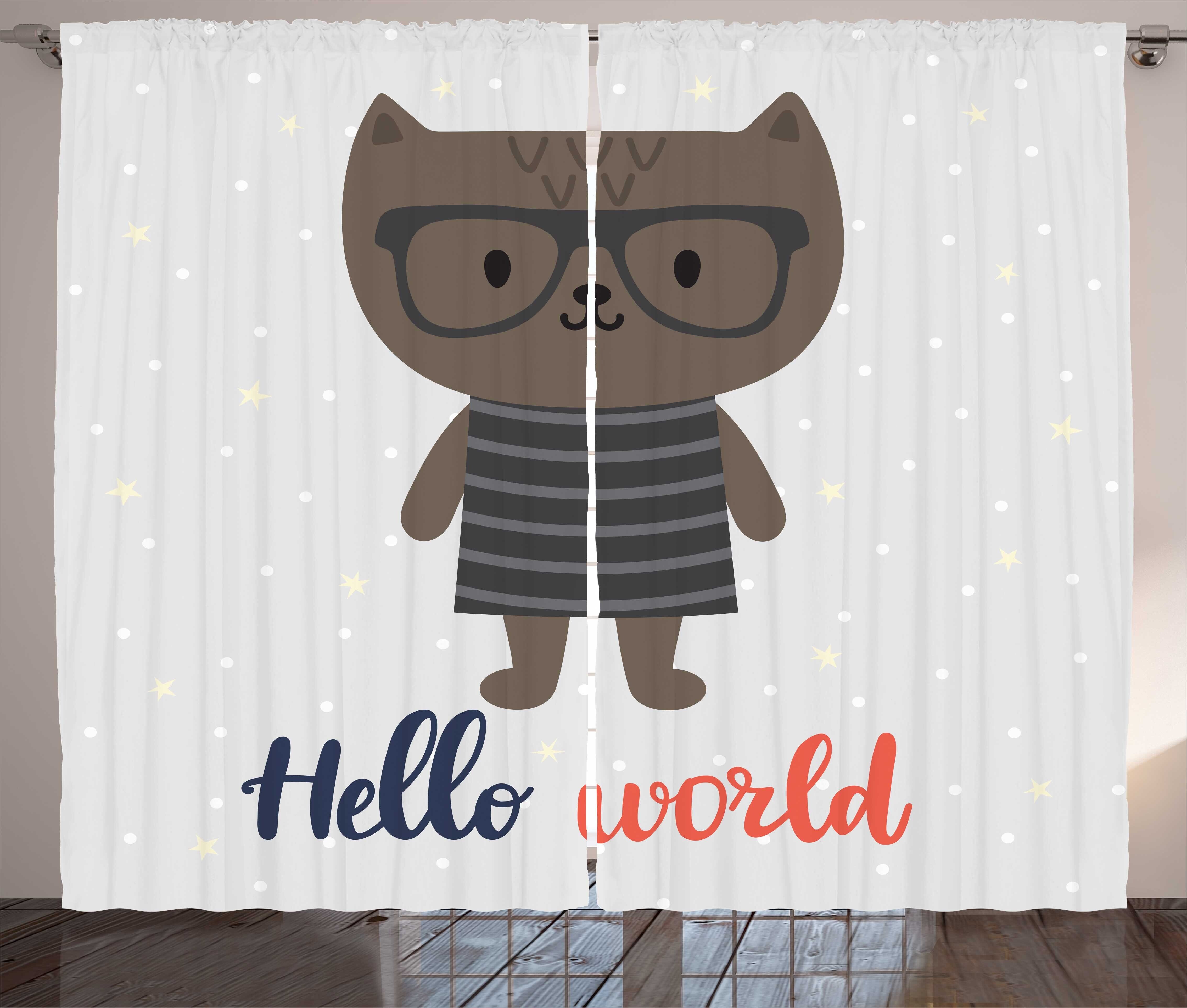 Schlafzimmer Vorhang mit Schlaufen Kräuselband Cartoon-Katze Haken, und Zitat Hallo Welt Abakuhaus, Gardine