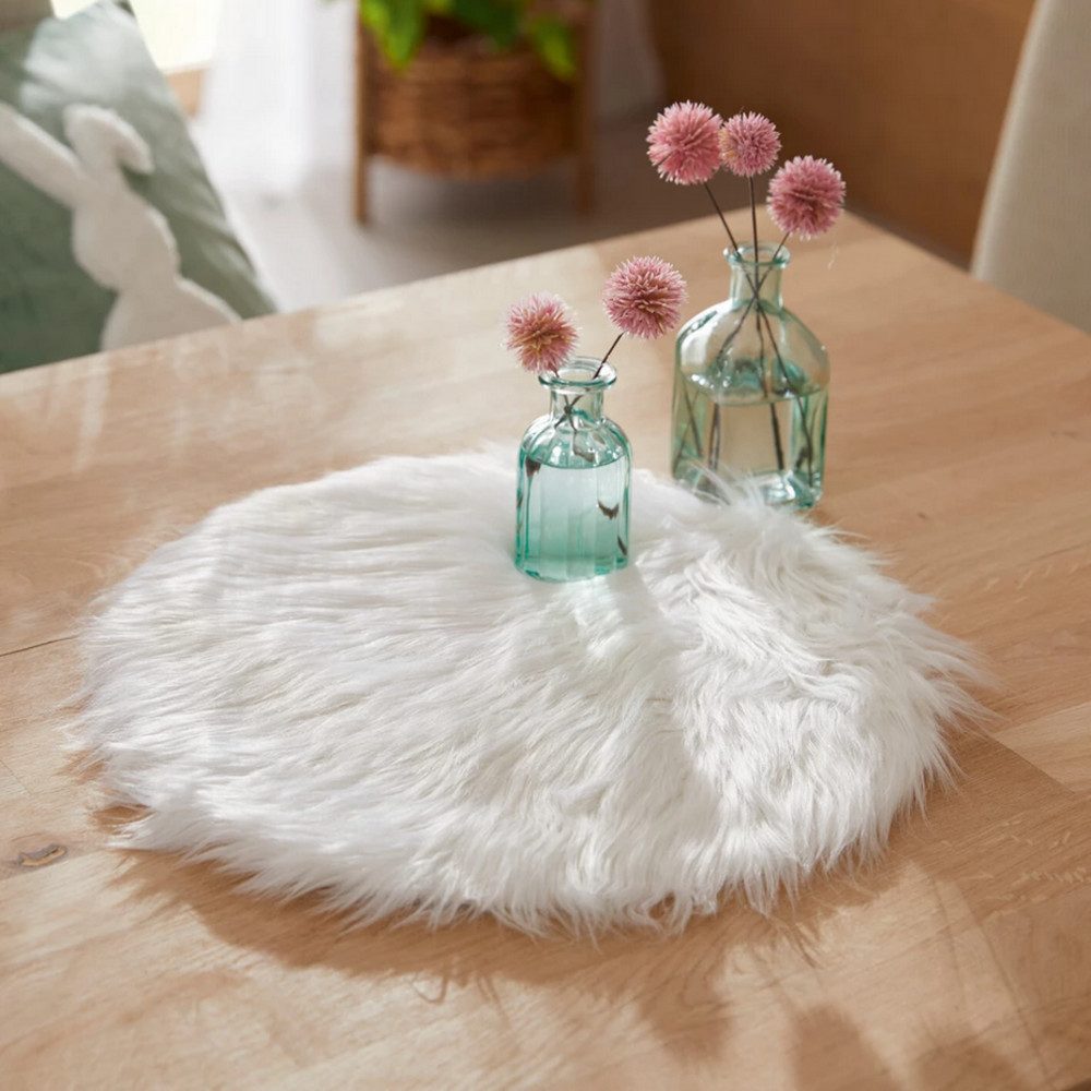 Home-trends24.de Dekokissen Sitzkissen Dekofell Stuhlkissen Weiß Kunstfell Fell Rund