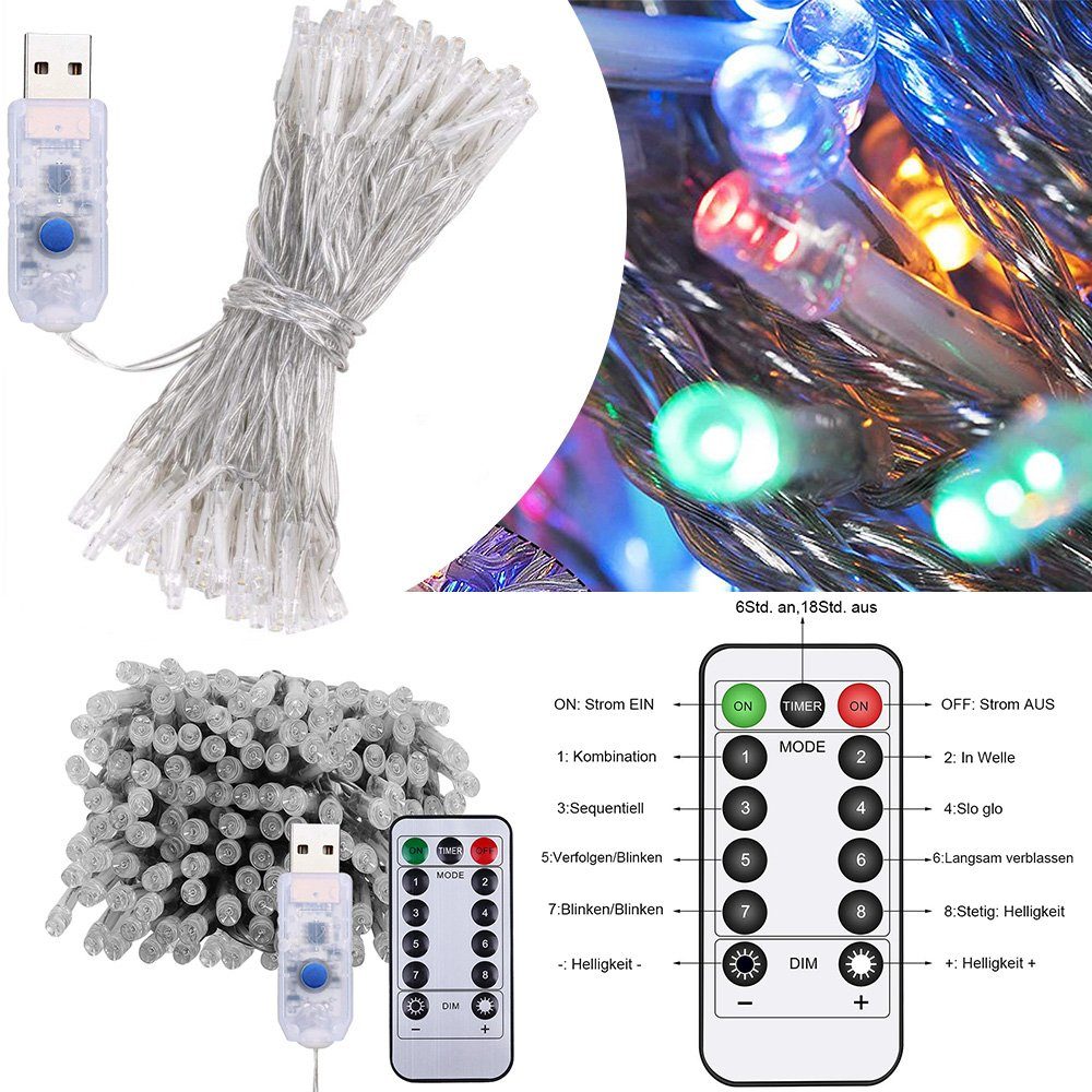 für Multicolor USB, Fernbedienung;Geburtstag LED-Lichterkette Korridor Terrasse, 8 Timer; Weihnachten Hochzeit Modi, dimmbar, wasserdicht, 7/12M, Rosnek