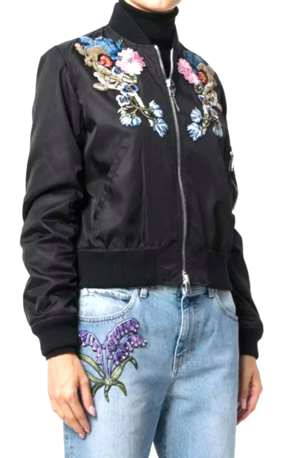 ALEXANDER MCQUEEN Bomberjacke Blumen Bestickte Festivaljacke Blouson mit Seidenfutter S Stickerei mit Perlen-Kristallverzierungen auf Brust & Schultern